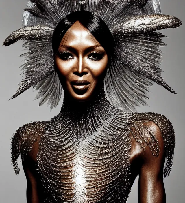 Image similar to photography face portrait of naomi campbell, natural pose, natural lighing, wearing a ornate transparent and metallic costume with feathers and cloth convolutions by iris van herpen, highly detailed, smooth, sharp foccus, artstation hq, skin grain detail, high detail, photography by by paolo roversi, creativity in fashion design