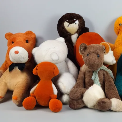 Image similar to a variety of stuffed animals, brown white teal yellow and orange