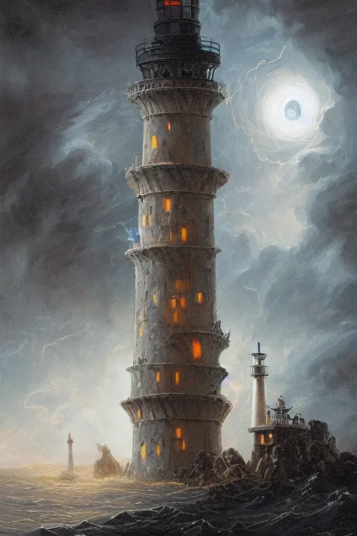 Prompt: Detailed Exterior Shot of Stormy Nightmarish Lighthouse of Alexandria, light of hell, moonlight shafts, swarm of bats, stormy atmosphere, in Style of Peter Mohrbacher, cinematic lighting