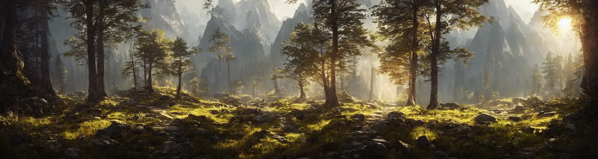 Prompt: beautiful render of a landscape, unreal engine, first light, majestic mountains, deep forest, pathways, sunlight, soft light, by greg rutkowski, cgsociety