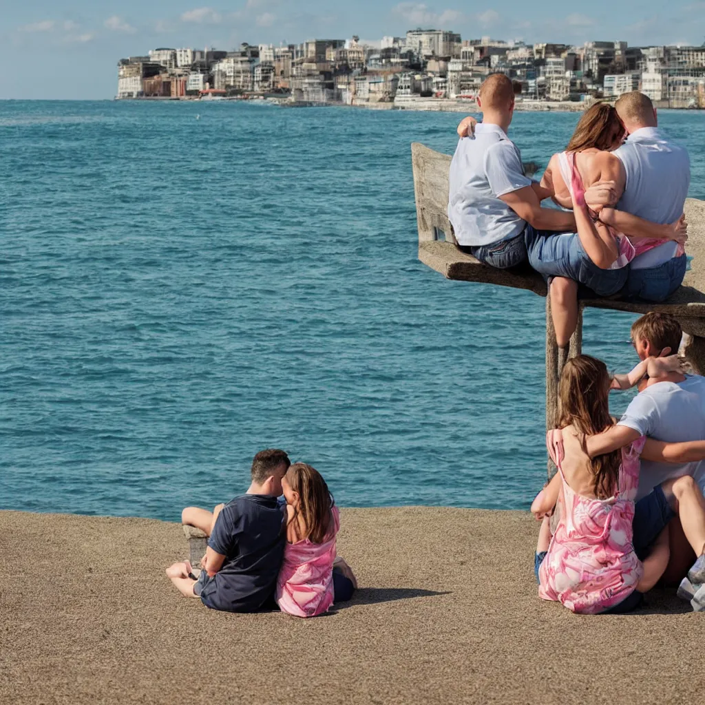 Image similar to romantic couple sitting next to the seafront in love 4k, photorealistic