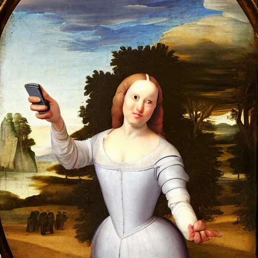 Image similar to renaissance painting of a lady in a white dress smiling at the camera whilest holding and pointing towards a smartphone.