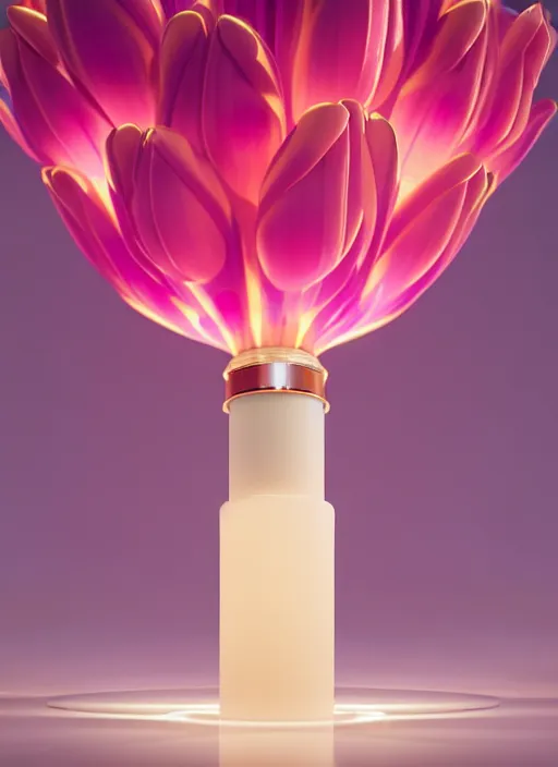 Image similar to perfume bottle standing in the center of a biomechanical light - pink enchanted coral reef made of tulips in an ivory room well contoured smooth fair walls, up close shot, sharp focus, global illumination, radiant light, alexandre ferra white mecha, irakli nadar, octane highly render, 4 k, ultra hd,