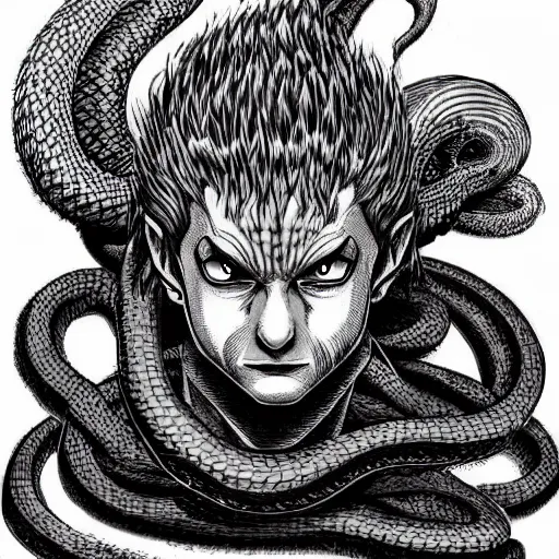 Prompt: a snake with a human face, kentaro miura art style