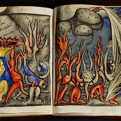 Prompt: medieval bestiary of repressed emotion monsters and creatures starting a fiery revolution in the psyche