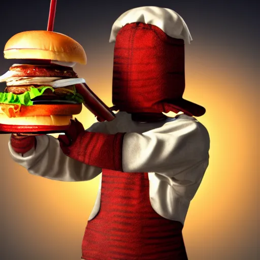 Image similar to warrior of the burger, man wearing burger suit whilest holding a katana, realistic, hdr, clear image, hdd, dynamic lighting,