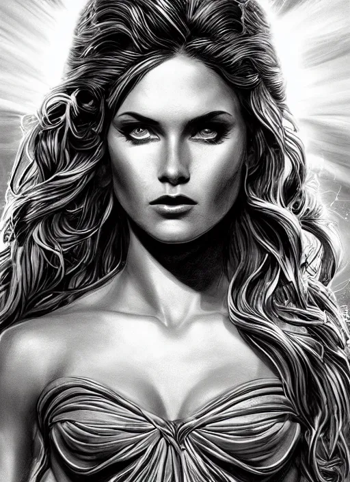 Image similar to portrait, goddess of eternal beauty and Power , Dynamic lighting, cinematic, establishing shot, extremely high detail, photo realistic, cinematic lighting, pen and ink, intricate line drawings, post processed, concept art, artstation, matte painting, midjourney, style by alex ross, neal adam