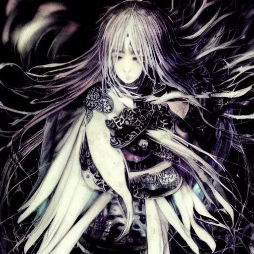 Image similar to yoshitaka amano blurred and dreamy illustration of an anime girl with an eyepatch, wavy white hair and cracks on her face wearing elden ring armour with the cape fluttering in the wind, abstract black and white patterns on the background, noisy film grain effect, highly detailed, renaissance oil painting, weird portrait angle