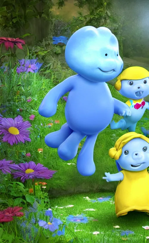 Image similar to igglepiggle and upsydaisy in the night garden hd render, highly detailed, realistic, digital art