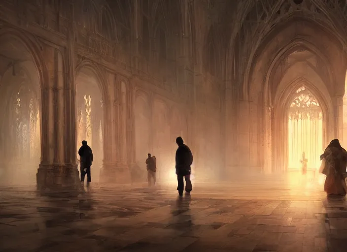 Prompt: praying people, tears, letters fly around, destroyed world volumetric lighting, digital painting, highly detailed, artstation, sharp focus, illustration, concept art, ruan jia, steve mccurry, amazing composition, gothic arch frame