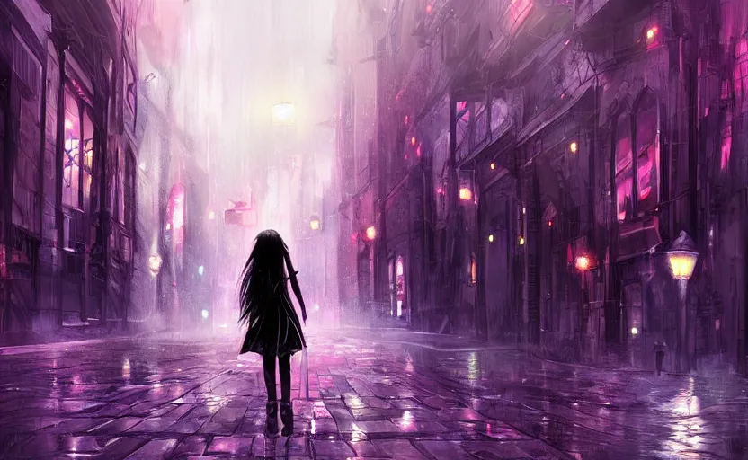 Image similar to A gothic girl is walking through a futuristic city street at night, it is rainig. Fantasy and concept art, colorful digital painting.