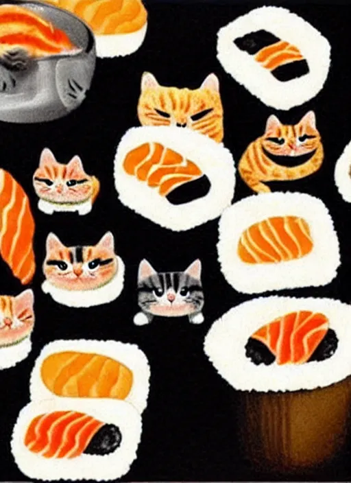 Image similar to clear photorealistic picture of adorable cats made out of sushi