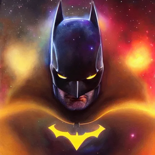 Image similar to Portrait of cosmic Batman, Batsuit made of stars, galaxies, nebulas, intricate, cinematic lighting, highly detailed, digital painting, artstation, concept art, smooth, sharp focus, illustration, art by Artgerm and Greg Rutkowski