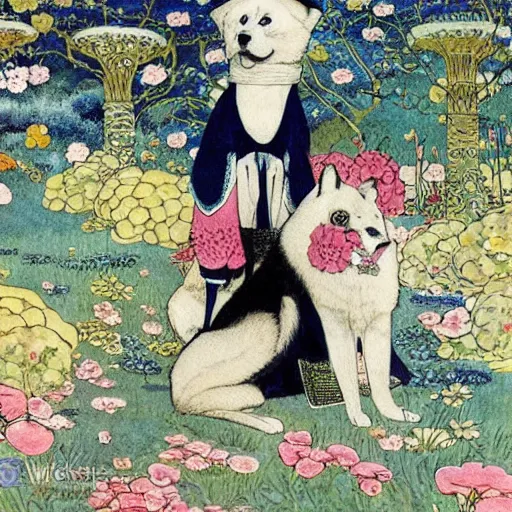 Image similar to akita inu dog wearing a floral kimono in a fanciful garden, by warwick goble and kay nielsen, highly detailed