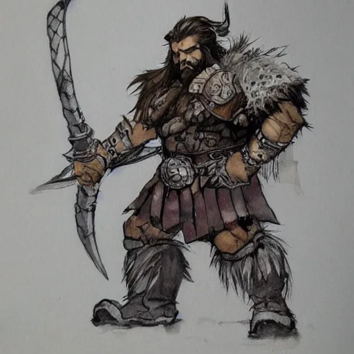 Image similar to Dwarf Barbarian, drawn by Yoji Shinkawa, water color, Dungeons and Dragons, Wizards of the Coast