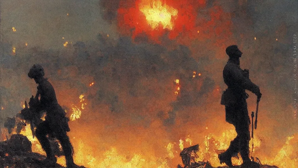 Image similar to high quality high detail painting by ilya repin, silhouette of man standing in front of an epic fire and explosions, war, hd