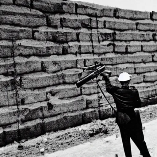 Image similar to Donald Trump standing on top of his giant wall on the Mexican border, operating a mounted MG-42 and gunning down hordes of Mexicans attempting to climb the wall