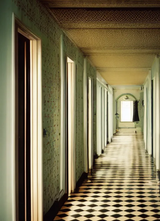 Image similar to photograph of a hallway in the style of Wes Anderson, architecture magazine, dezeen, 50mm, pentax, film