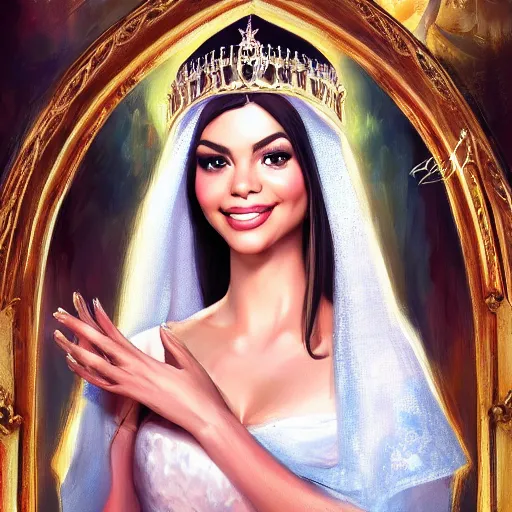 Image similar to a portrait of a woman who looks like a mix between sofia vergara and victoria justice as an arabian princess in a disney movie, crown!! oil painting, pale colors, high detail, 8 k, wide angle, trending on artstation,