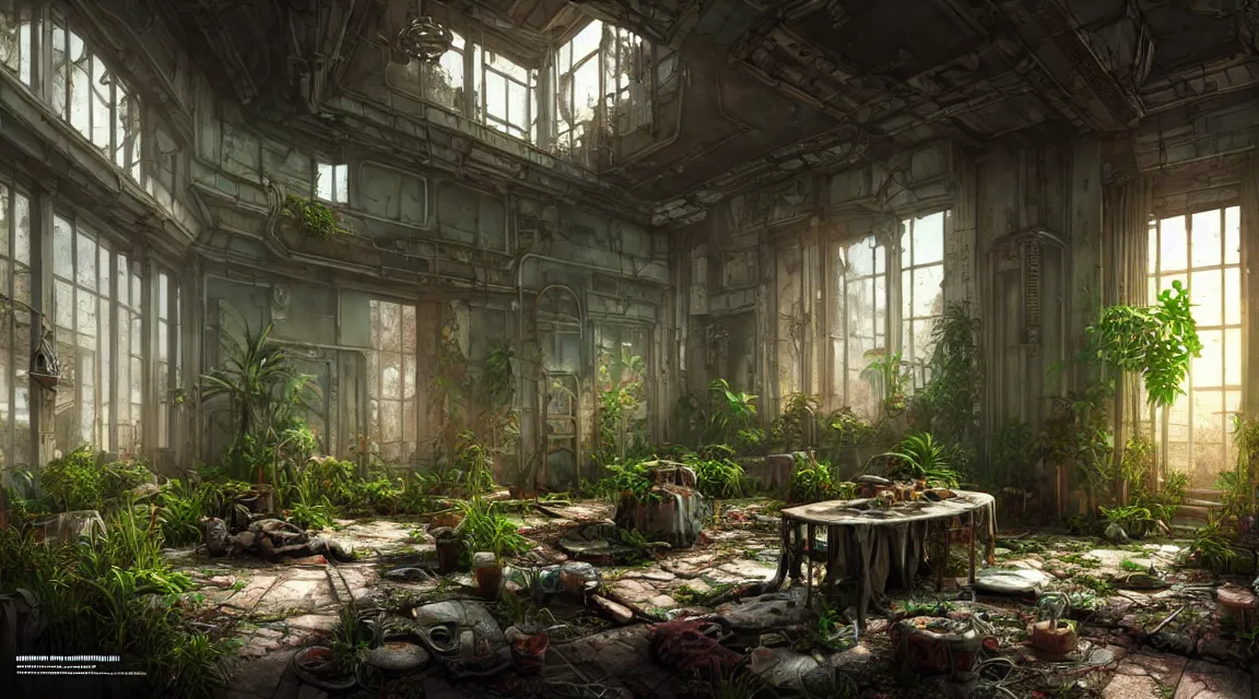 Image similar to post apocalyptic palace interior, interior plants, colorful color scheme, trending on cgsociety, photorealistic, hyperdetailed, hyperrealistic, game cg