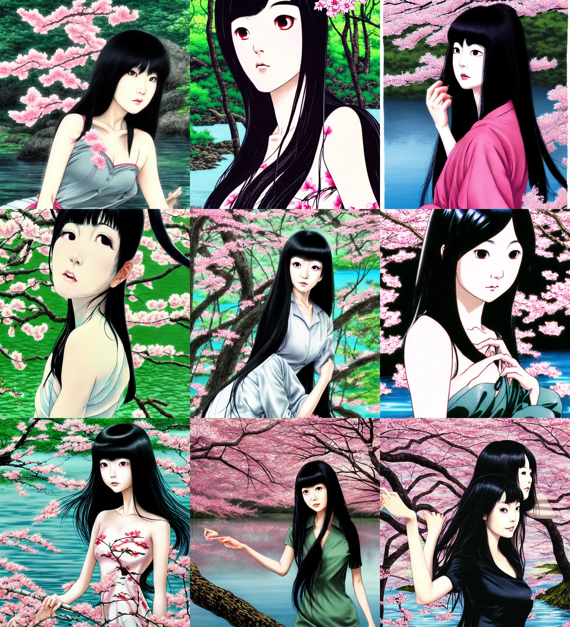 Prompt: beautiful tomie kawakami from junji ito with long sleek black hair, staring at a pristine lake surrounded by a lush cherry blossom forest, over the shoulder shot, portrait photo, photorealistic, by ohrai noriyoshi