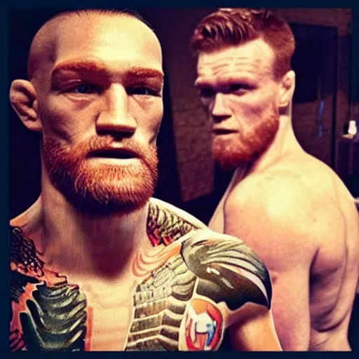 Prompt: “a realistic detailed photo of a guy who is an attractive humanoid who is half robot and half humanoid, who is a male android, boxer Conor McGregor and Canelo Alvarez, shiny skin, posing like a statue, blank stare”