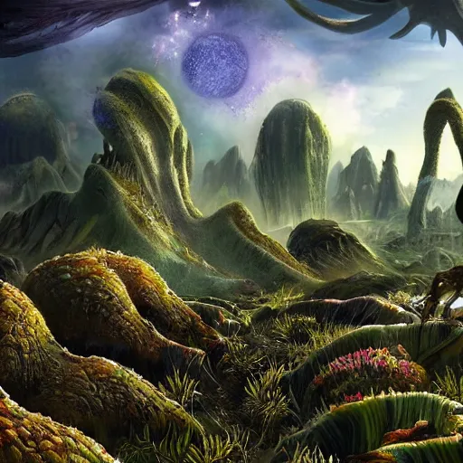 Image similar to An otherwordly, alien landscape with strange plants and creatures, realistic, ultra high detail.