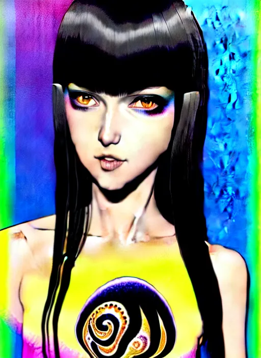 Image similar to richly detailed colored pencil 3D illustration of a beautiful woman with silky straight black hair with iridescence wearing a Nirvana band Tshirt and short black shorts, she staring at the camera happily while being surrounded by slimy tentacles, art by Range Murata and Artgerm.