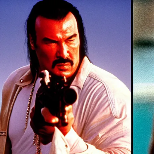 Prompt: steven seagal starring in miami vice, realistic stills from the tv series, gritty drama by michael mann