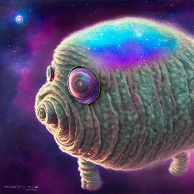 Image similar to a highly detailed tardigrade, it has rainbow hair and a beautiful unconventional face, floating through deep space, elegant, hyperrealistic, digital painting, artstation, realism, concept art, pop, smooth, mythological, sharp focus, qualia, illustration, art by mark ryden 3 d 8 k ultra detailed