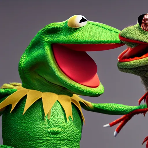 Prompt: bareknuckle brawl between Kermit the Frog and Godzilla, photorealism, 4k