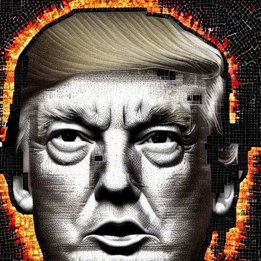 Image similar to portrait mosaic of trump with robot eyes, 4k, intricate details, digital, heaven and hell