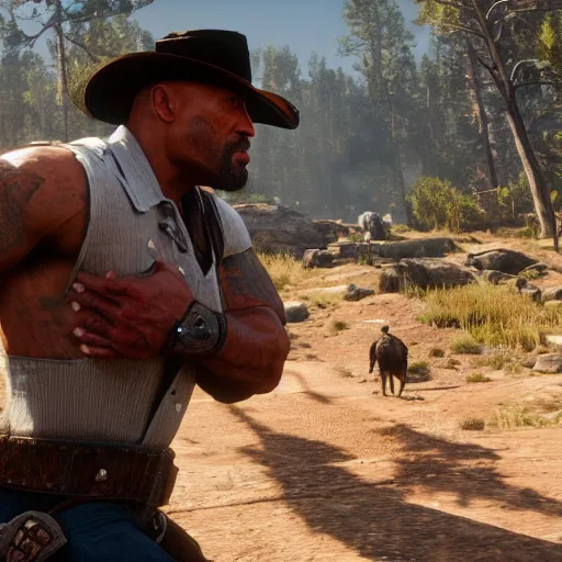 Image similar to High-quality screenshot of Dwayne The Rock Johnson in Red Dead Redemption 2, 8k cgsociety artstation