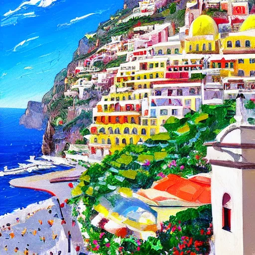 Prompt: fantastic across Positano Italy painted with a palette knife