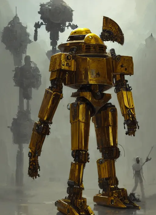 Image similar to human-sized strong intricate yellow pit droid carrying very detailed perfect antique great sword and beautiful large paladin shield, pancake short large head, exposed metal bones, painterly humanoid mecha, by Greg Rutkowski