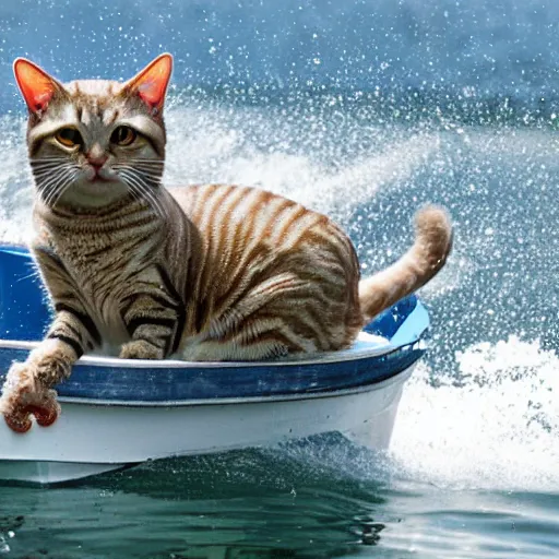 Prompt: an aging male tabby cat drives a boat with motors powered by octopus