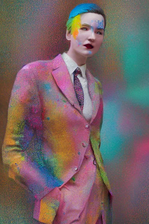 Image similar to a scene with a character wearing a super colorful muted color diy! suit, vivienne westwood!, detailed photoreal render octane render, pointillism, oil on canvas