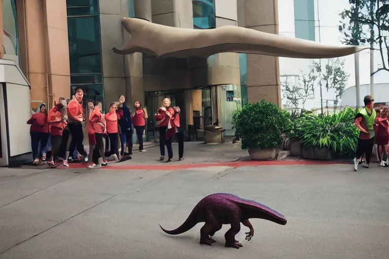 Prompt: a dinosaur checking into a hotel with a bunch of employees running in fear