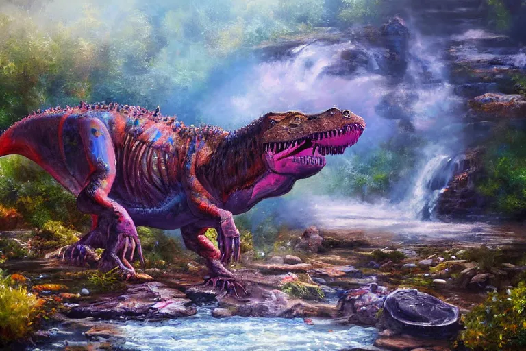 Prompt: highly detailed oil painting of a tyrannosaurus sitting in a steaming colorful hotspring stream, featured on artstation