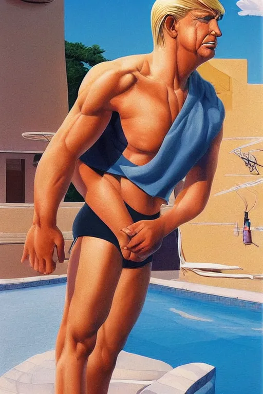 Image similar to a handsome man with blonde hair who is also a male android, ken, donald trump, muscular, wearing a cut-off white tank top and short light orange shorts, stands by a swimming pool, facing forward, in the style of artgerm and moebius and annie liebovitz, photorealistic, highly detailed