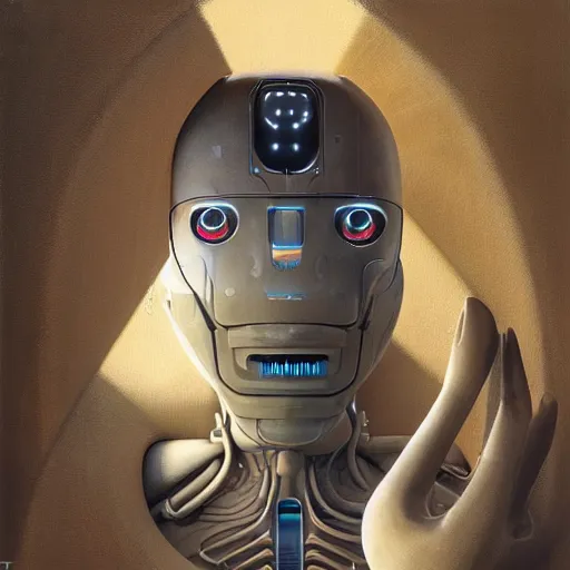 Image similar to detailed face of a synthetic sentient super - intelligent humanoid with eyes warming up, rammed earth courtyard, cool skydome, fresh atmosphere, ambient, rick guidice, syd mead, livia prima, greg rutkowski