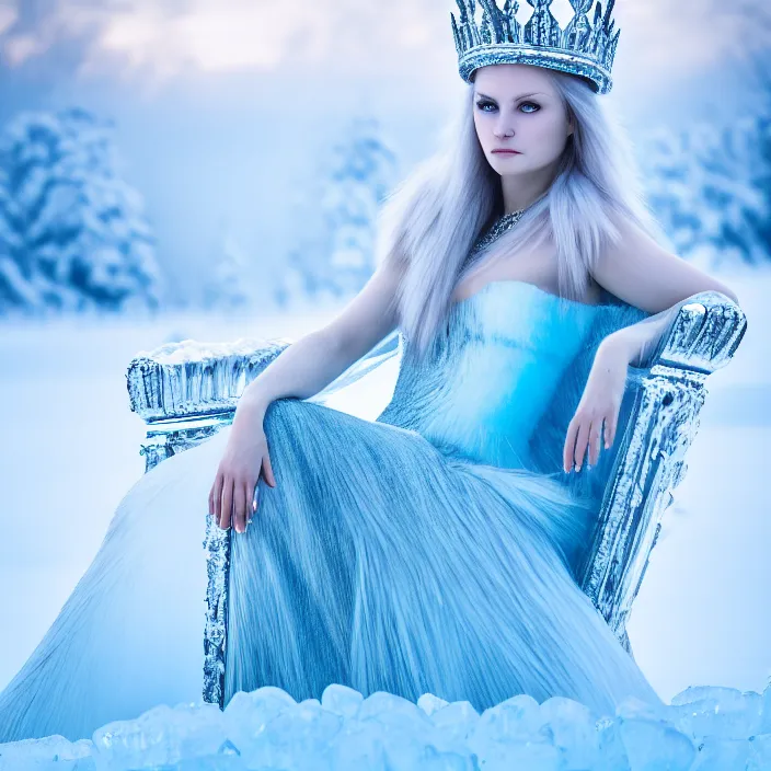 Prompt: photo of a very beautiful!! ice queen sitting on her ice throne highly detailed 8 k hdr smooth sharp focus high resolution award - winning photo