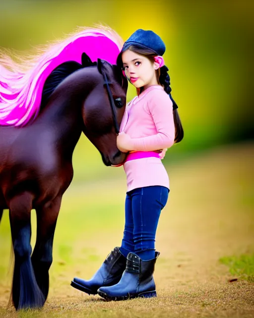 Image similar to young girl with dark hair, two ponytails, wears boots, next to her is a pink pony with a hat, photo taken by nikon, sharp focus, highly detailed, studio lightning, 4 k