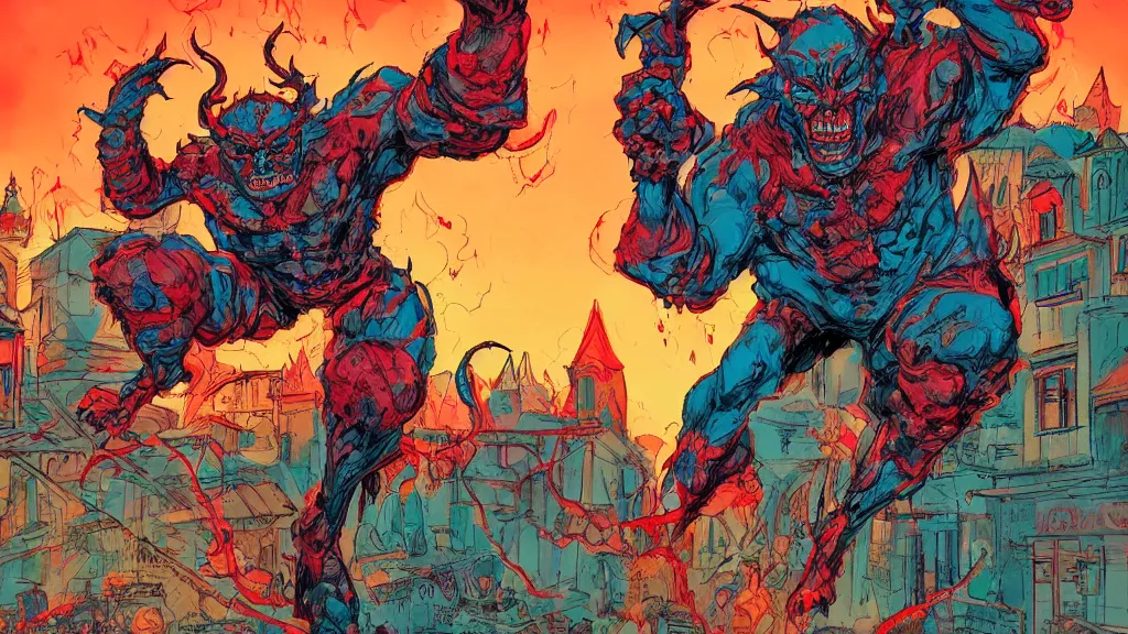 Prompt: An amazing illustration of a menacing demon in a small town, by Todd McFarlane. Cinematic. Bright color palette. Wide angle. Clean lines. Balanced composition.