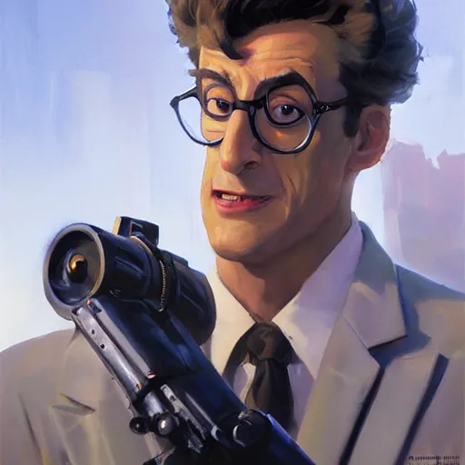 Image similar to greg manchess portrait painting of armored dr. egon spengler as overwatch character, medium shot, asymmetrical, profile picture, organic painting, sunny day, matte painting, bold shapes, hard edges, street art, trending on artstation, by huang guangjian and gil elvgren and sachin teng