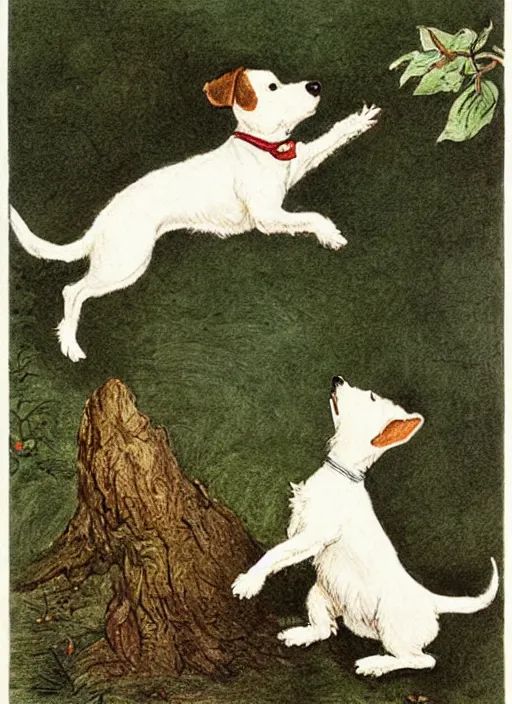 Image similar to jack russel terrier jumping from the ground over a small tree, illustrated by peggy fortnum and beatrix potter and sir john tenniel