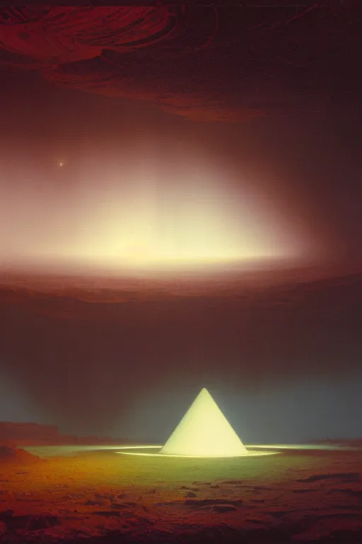 Image similar to otherworldly atmosphere of an alien planet by arthur haas and bruce pennington and john schoenherr, cinematic neon lights matte painting, james turrell building, 8 k realistic, stormy weather, dark moody colors