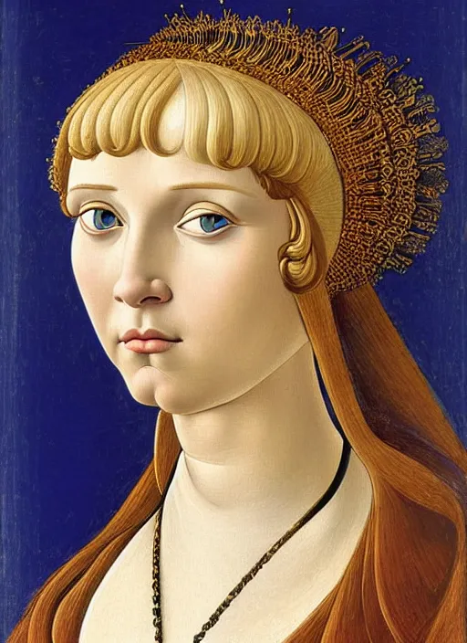 Prompt: portrait of young woman in renaissance dress and renaissance headdress, blue eyes and blond hair, style by the sandro botticelli