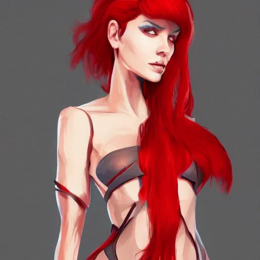 Image similar to a woman wearing a complicated outfit, full body shot, red hair, highly detailed, digital painting, artstation, concept art, smooth, sharp focus, illustration