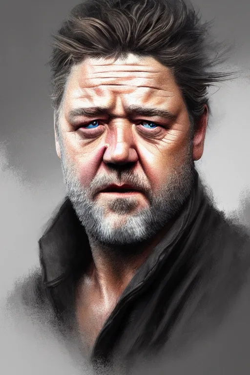 Image similar to ultra detailed close up facial portrait of russell crowe, extremely detailed digital painting, in the style of fenghua zhong and ruan jia and jeremy lipking and peter mohrbacher, mystical colors, rim light, beautiful lighting, 8 k, stunning scene, raytracing, octane, trending on artstation